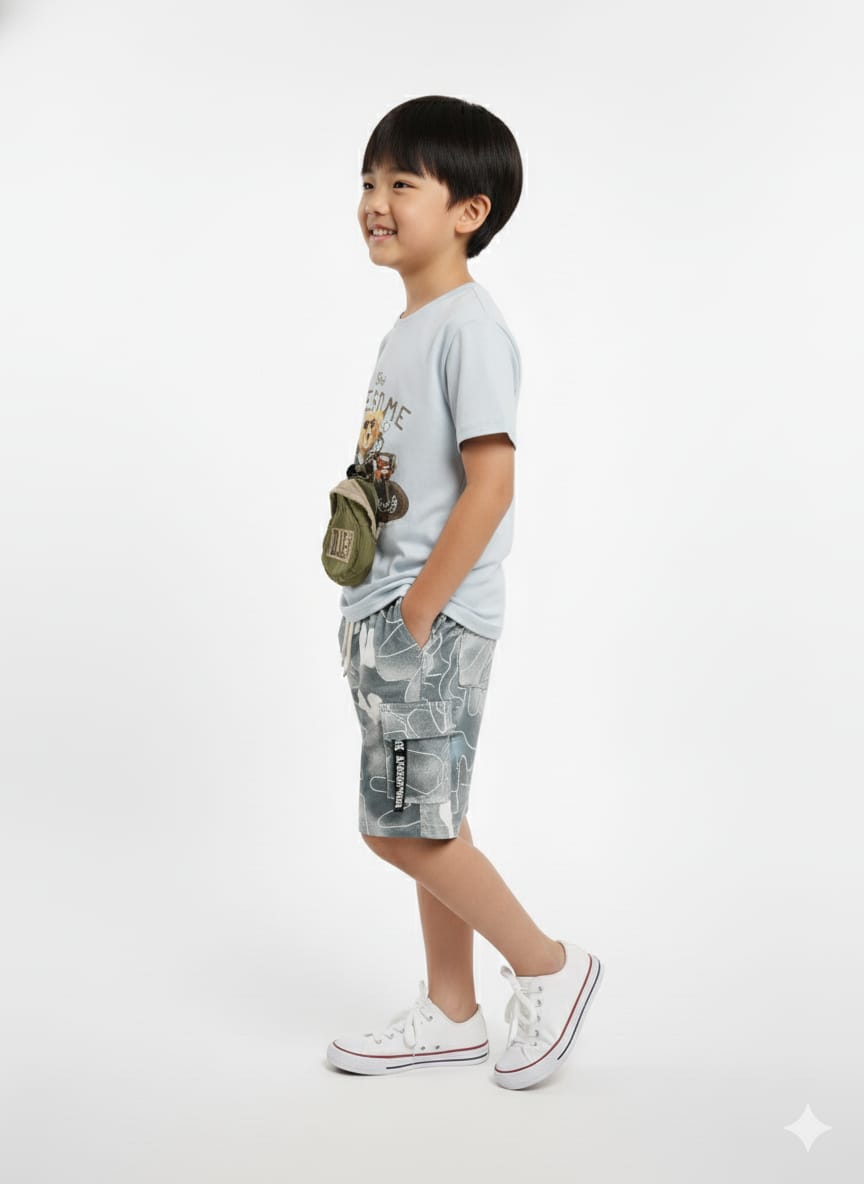 Soft Blue T-shirt paired with textured cargo-style shorts Co-ord Set