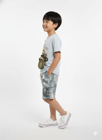 Soft Blue T-shirt paired with textured cargo-style shorts Co-ord Set