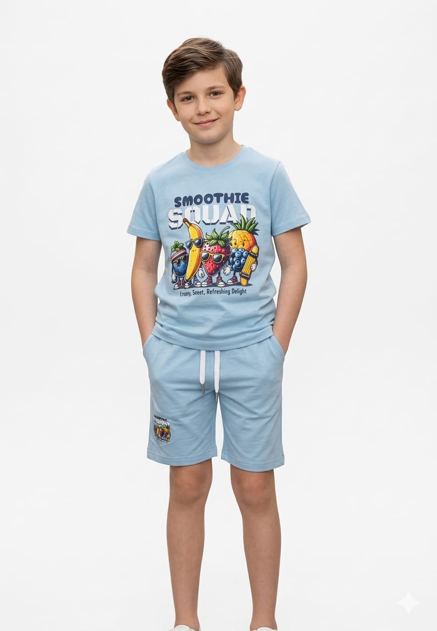 Boys' "Smoothie Squad" Summer Cotton Set – Sky Blue