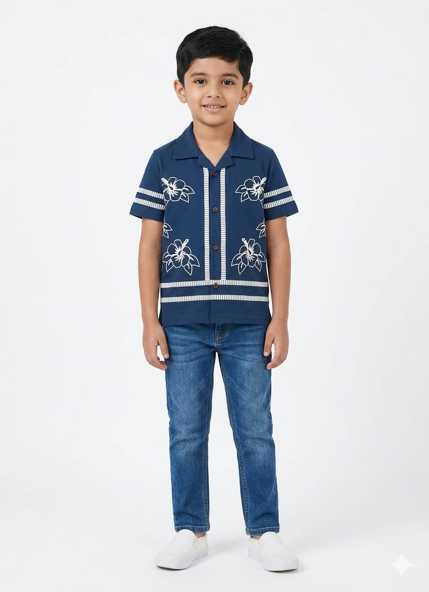 Deep Navy Blue Floral Embroidery Shirt