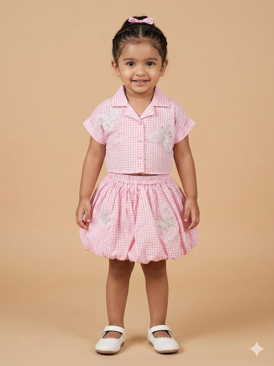 Petite Butterfly Checkered Shirt & Skirt Set