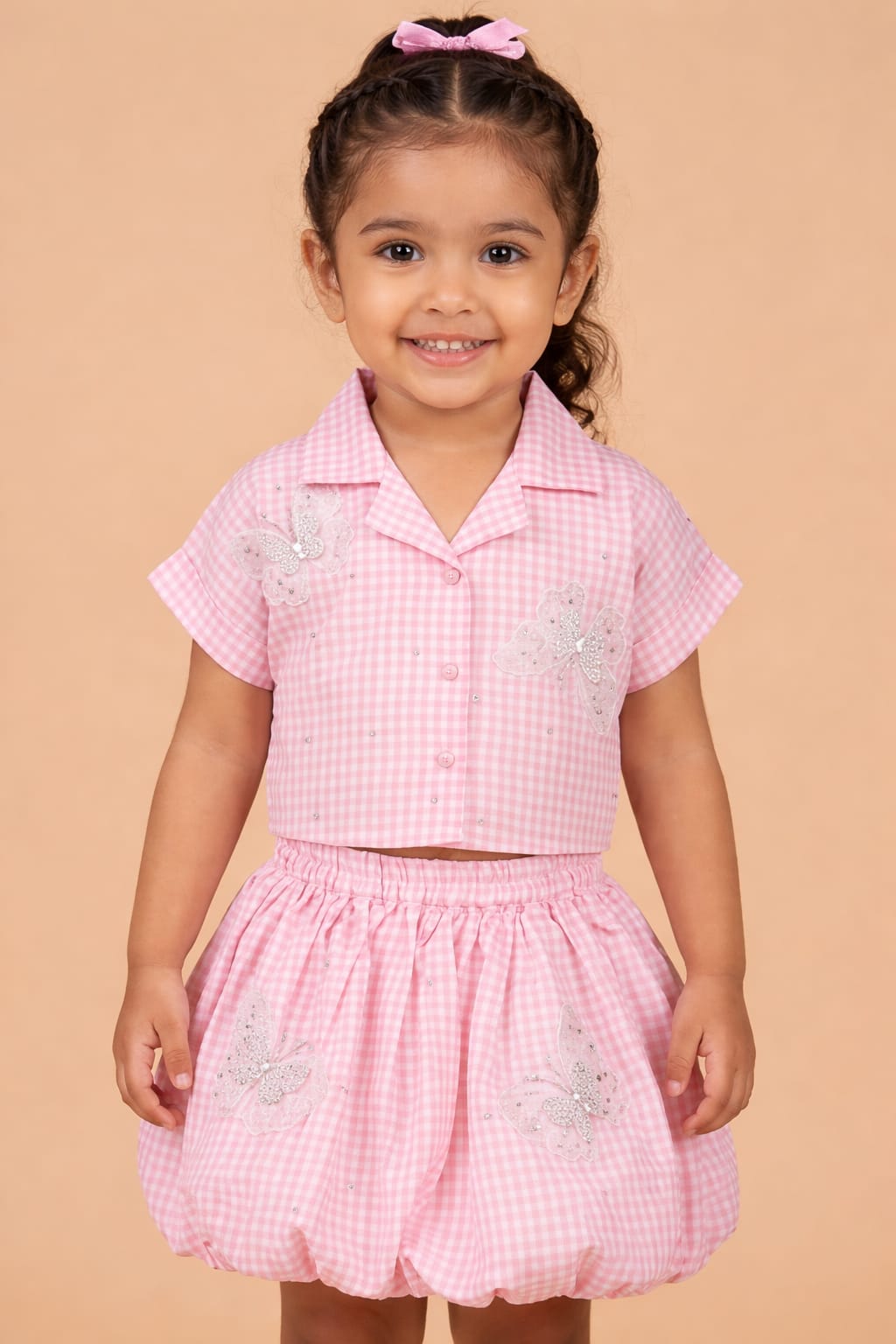 Petite Butterfly Checkered Shirt & Skirt Set