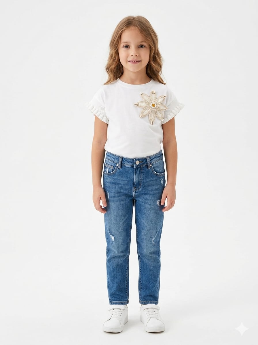 White T-shirt with Floral Applique