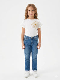 White T-shirt with Floral Applique