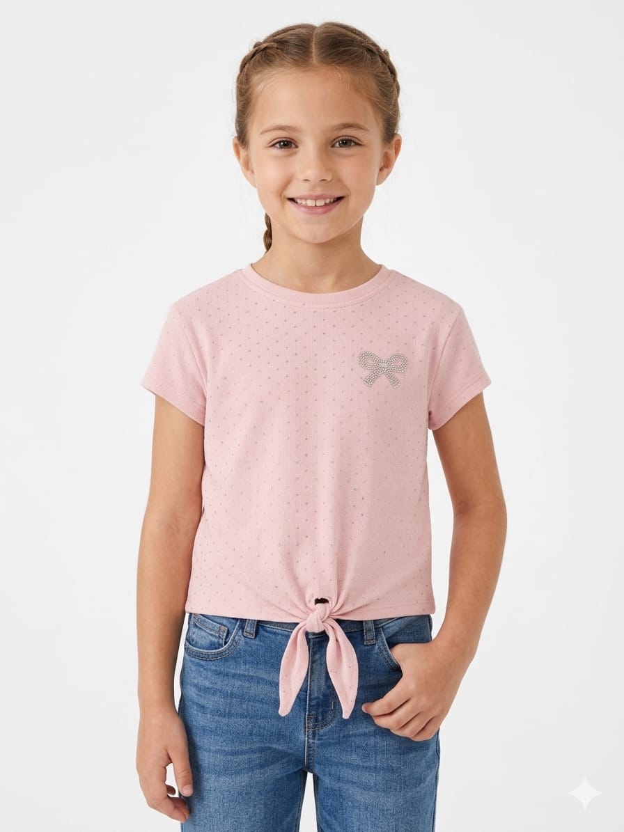 Soft Pink T-shirt with Bow Embellishment
