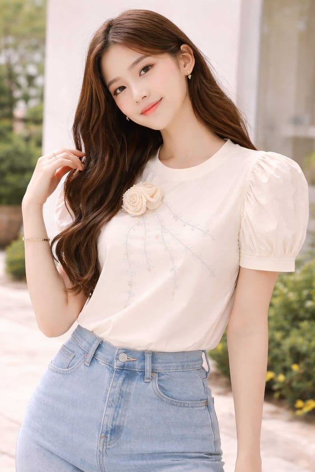 Rosette Embellished Puff Sleeve Top