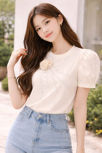Rosette Embellished Puff Sleeve Top