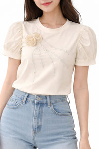 Rosette Embellished Puff Sleeve Top