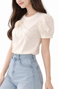 Rosette Embellished Puff Sleeve Top