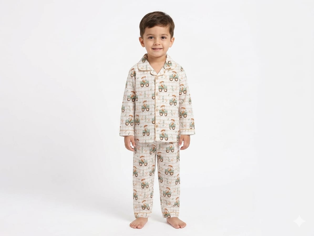 Boys' Vintage Tractor Print Night Suit – Earthy Beige