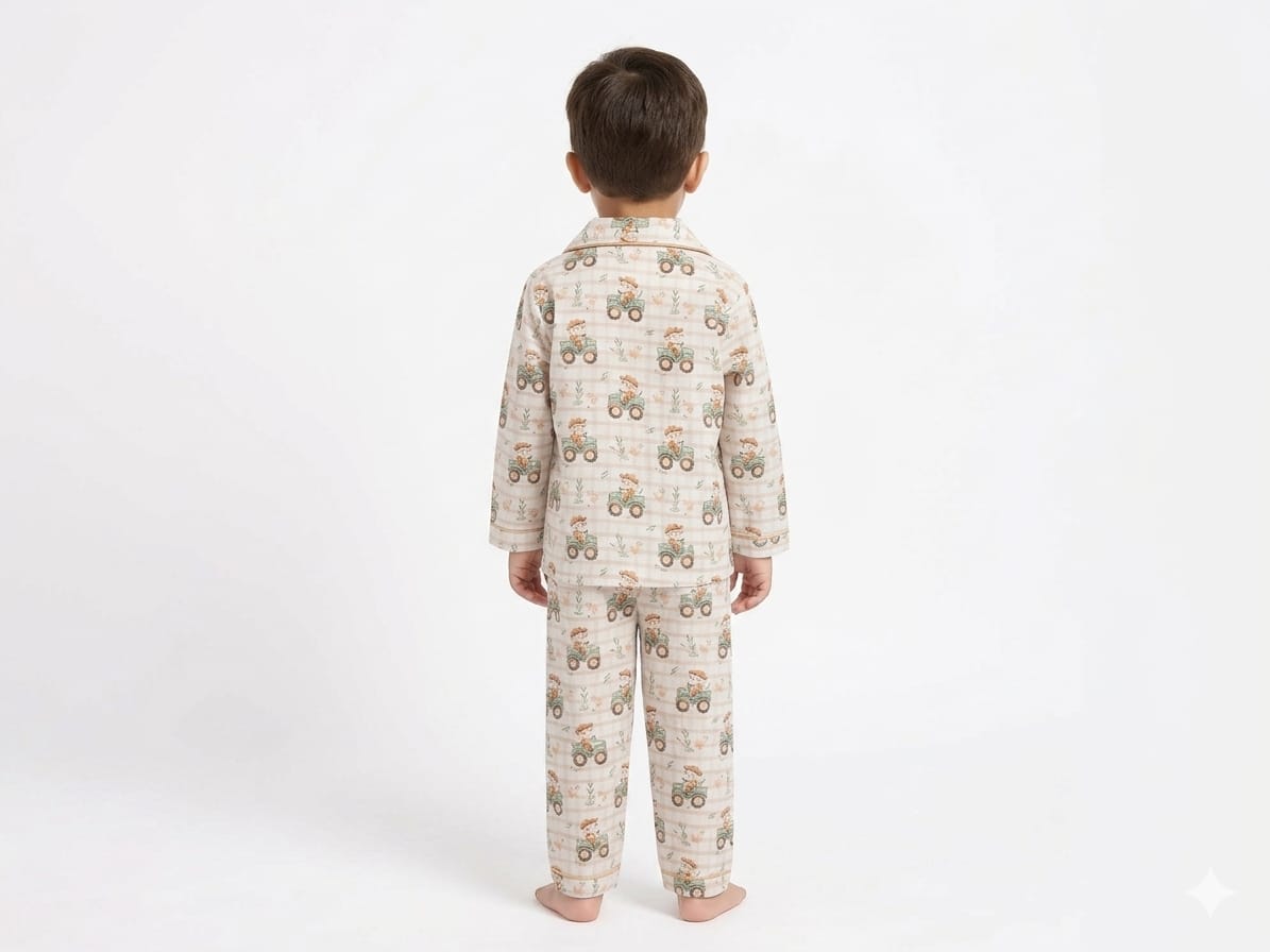 Boys' Vintage Tractor Print Night Suit – Earthy Beige
