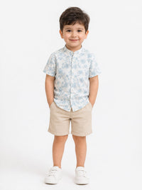 White and Blue Floral Madarin Collar Shirt