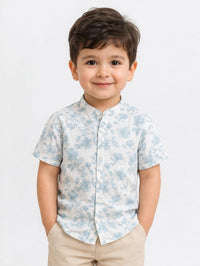 White and Blue Floral Madarin Collar Shirt