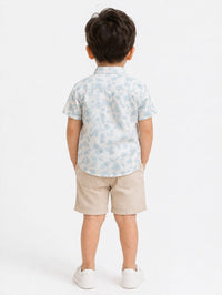 White and Blue Floral Madarin Collar Shirt