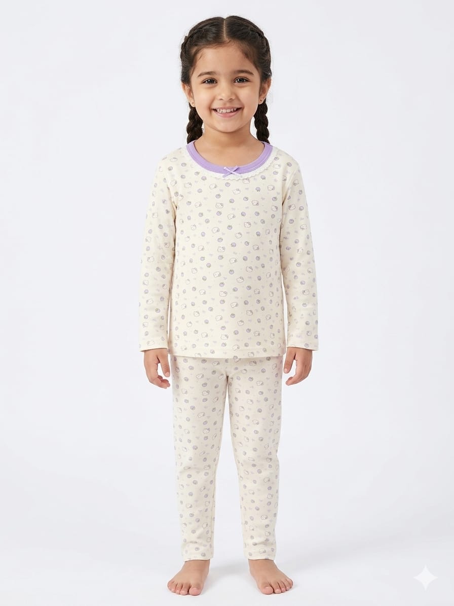 Girls Ultrasoft Cream Floral Night Suit- Purple