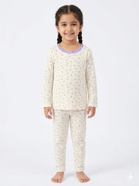 Girls Ultrasoft Cream Floral Night Suit- Purple