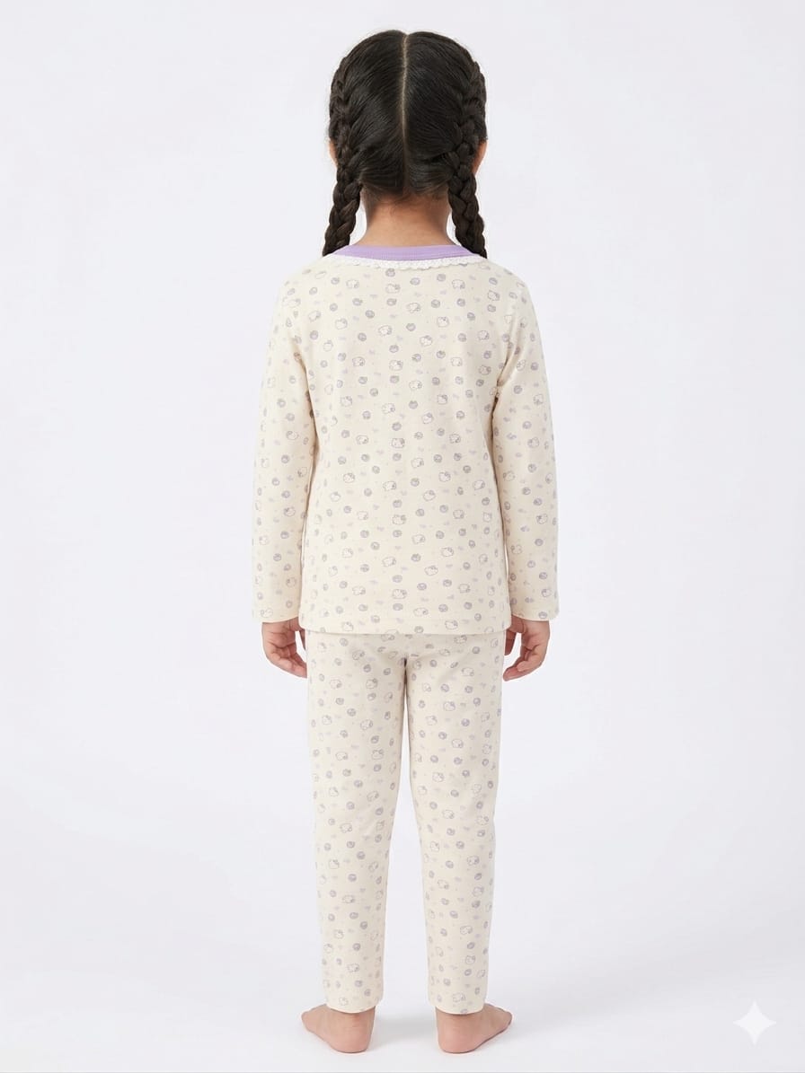 Girls Ultrasoft Cream Floral Night Suit- Purple