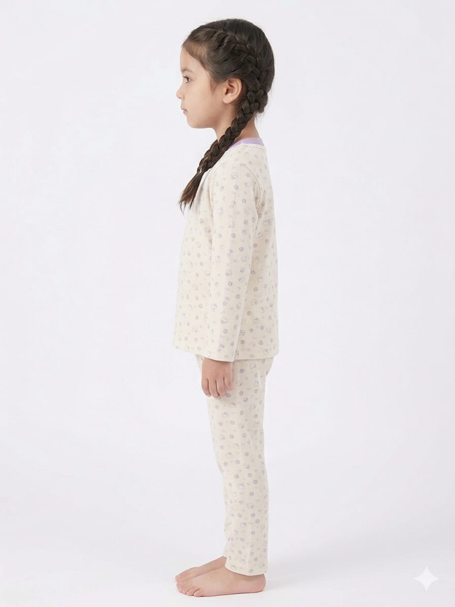 Girls Ultrasoft Cream Floral Night Suit- Purple