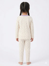 Girls Ultrasoft Cream Floral Night Suit- Purple