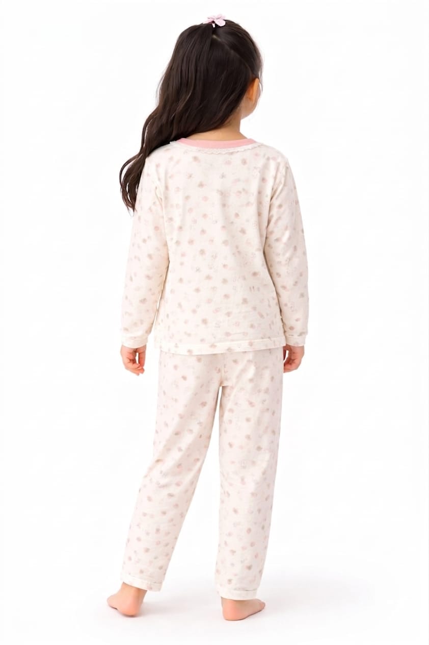 Girls Ultrasoft Cream Floral Night Suit- Pink