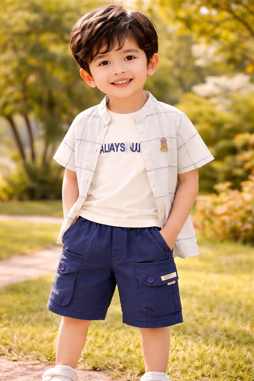Infant White Check Shirt with Navy Blue Cotton Twill Co-ord Set