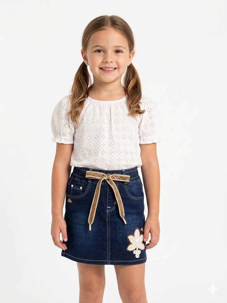Dark Denim Floral Embroidery Skirt