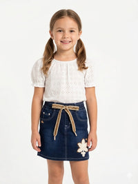 Dark Denim Floral Embroidery Skirt