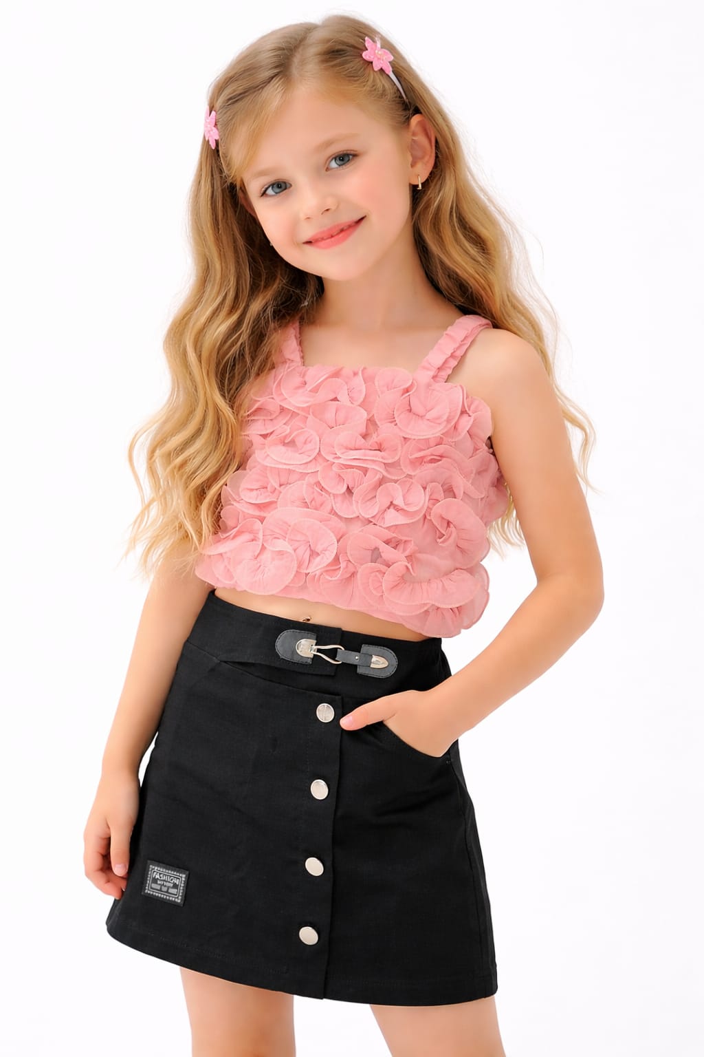 Girls 3D ruffled rosette Top - Blush Pink