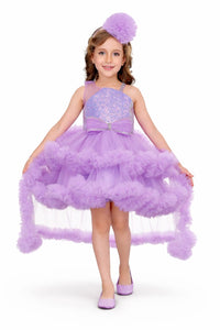Lavender Partywear Frill Frock with Detachable Trail