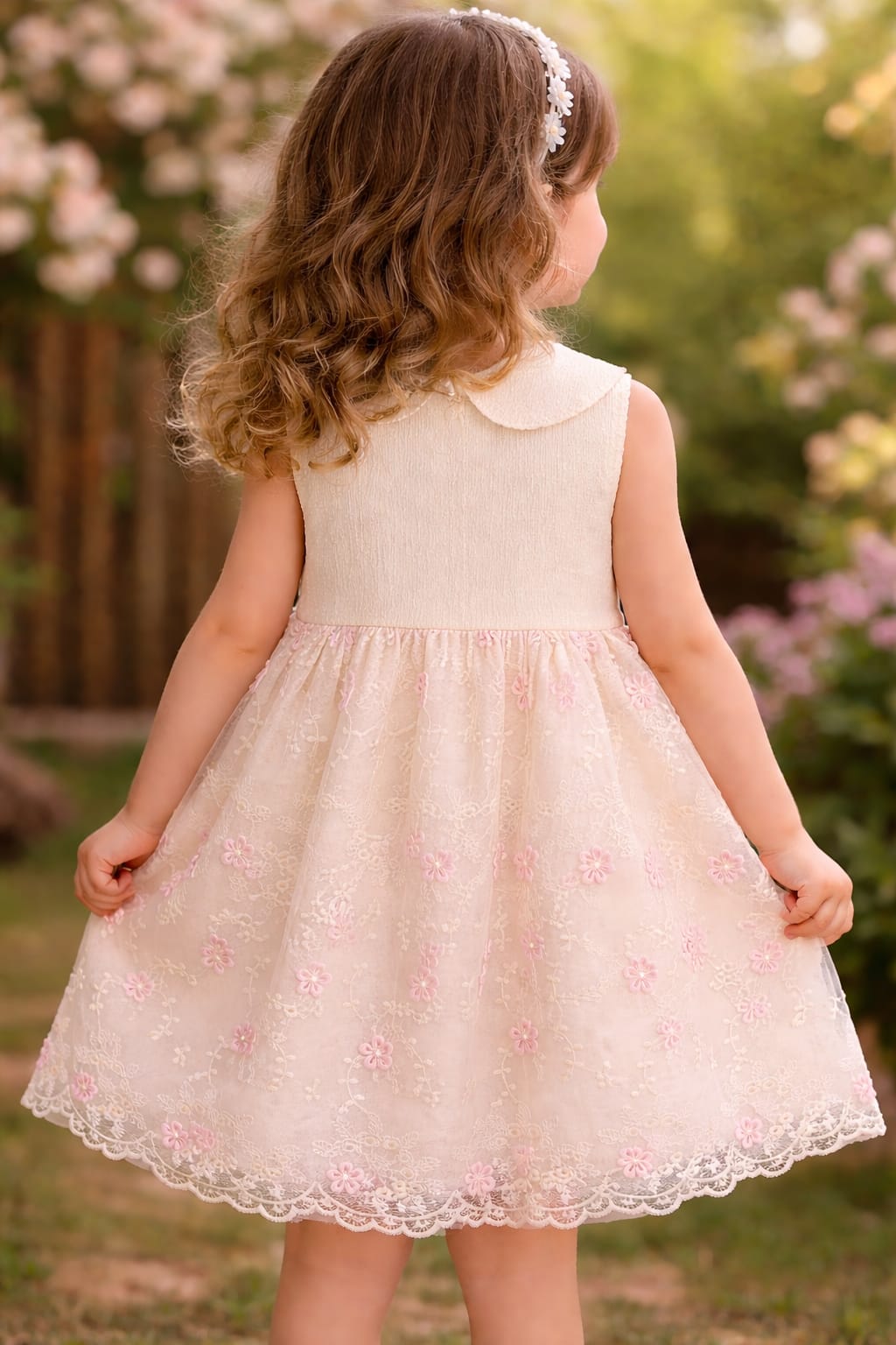 Girls Creamy Lace Detailed Frock