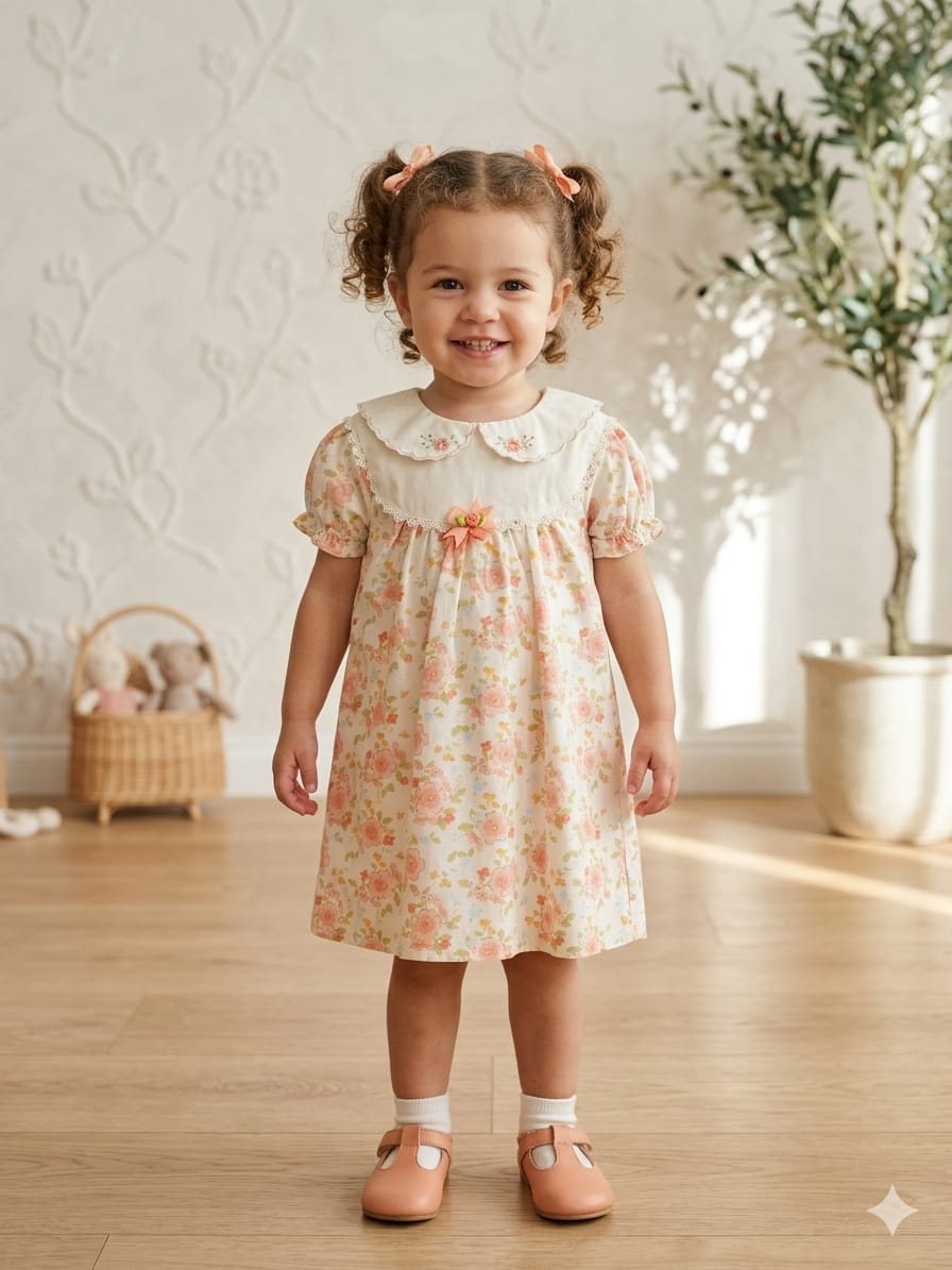 Peach Blossom Vintage Frock: Embroidered Peter Pan Collar Dress