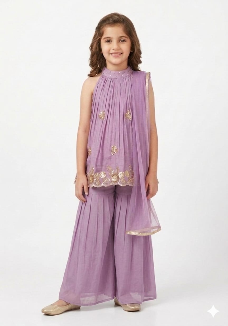 Lavender Three-piece Sharara Set.