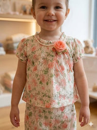 Peach Blossom Lace Pearl-Neck Co-Ord Set