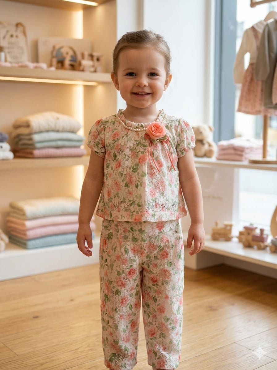 Peach Blossom Lace Pearl-Neck Co-Ord Set