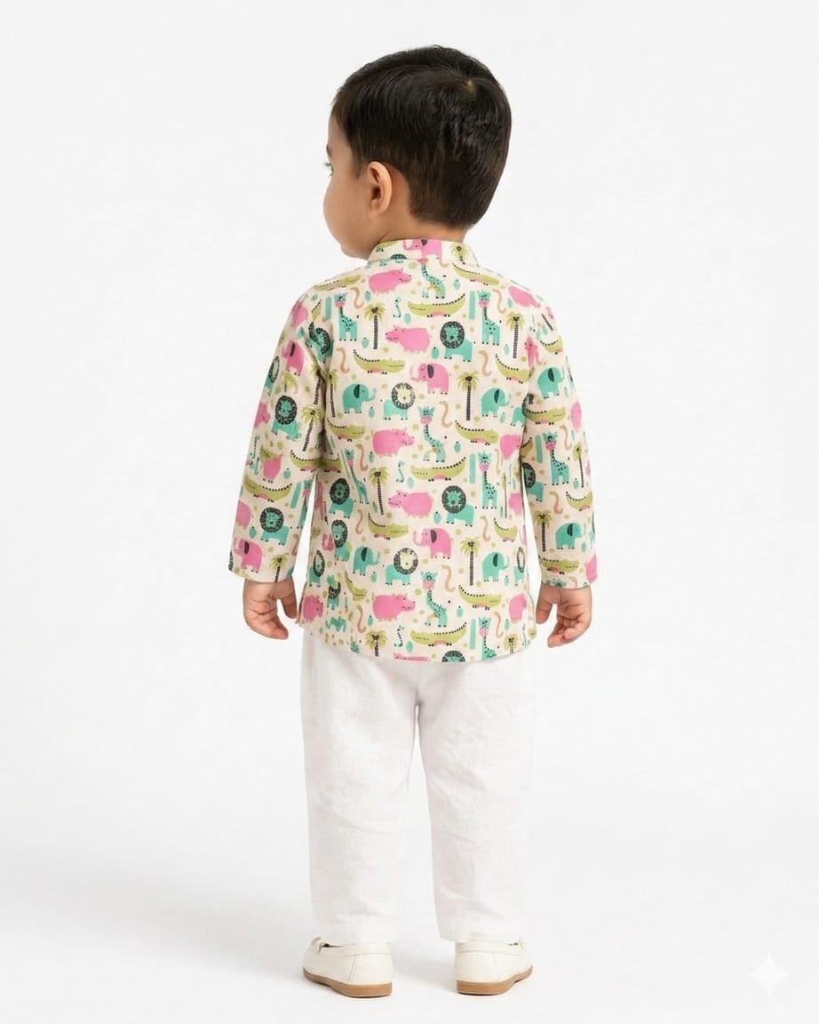 Whimsical Animal Kingdom Cotton Kurta Set for Boys