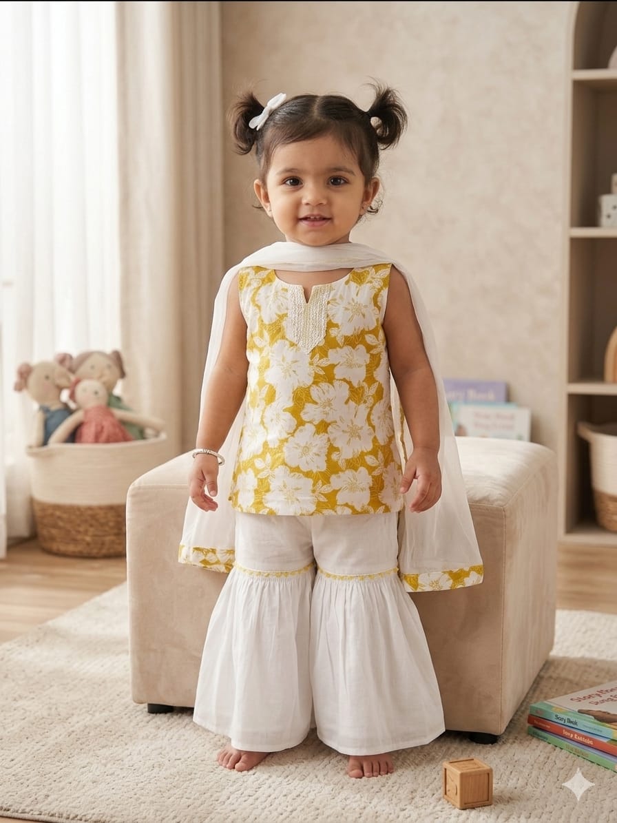 Cotton Infants Yellow and White Sharara Set