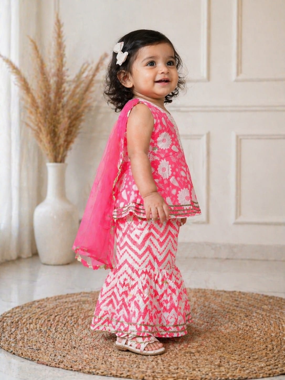 Cotton Infant Vibrant Fuchsia Pink and White Sharara Set