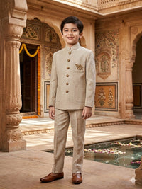 Beige Linen Embroidered Jodhpuri Suit