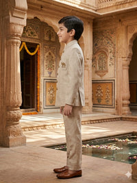Beige Linen Embroidered Jodhpuri Suit