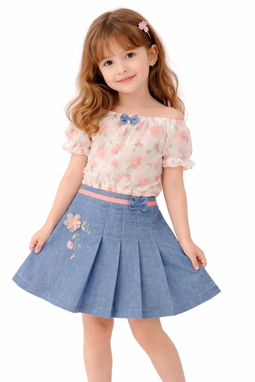 Floral Off-Shoulder & Pleated Denim Coordinate Set