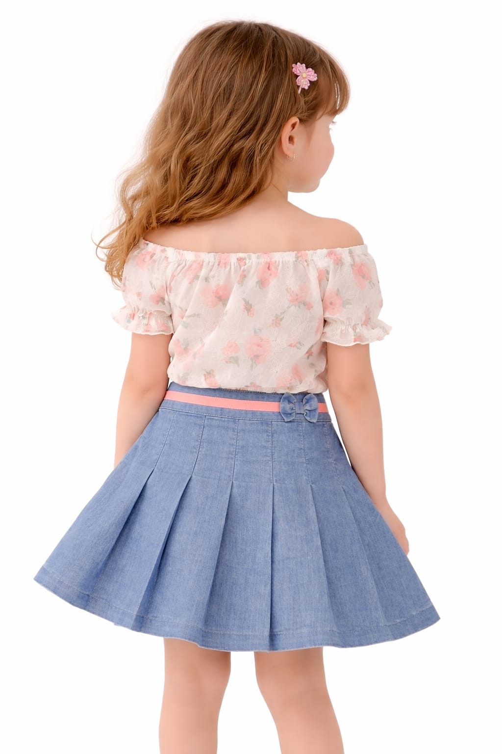 Floral Off-Shoulder & Pleated Denim Coordinate Set