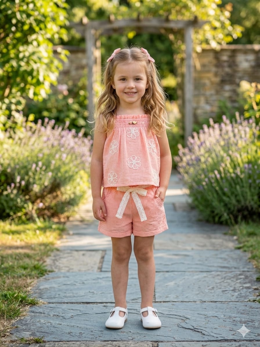 Peach Daisy Gingham Smocked Coordinate Set