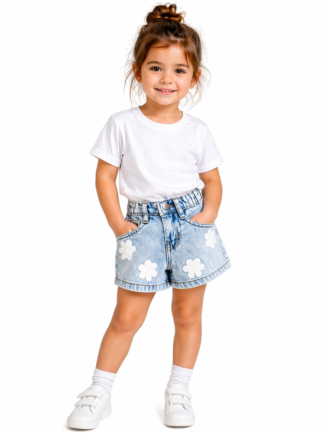 Girls' Floral Appliqué Denim Shorts