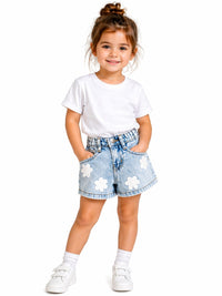 Girls' Floral Appliqué Denim Shorts
