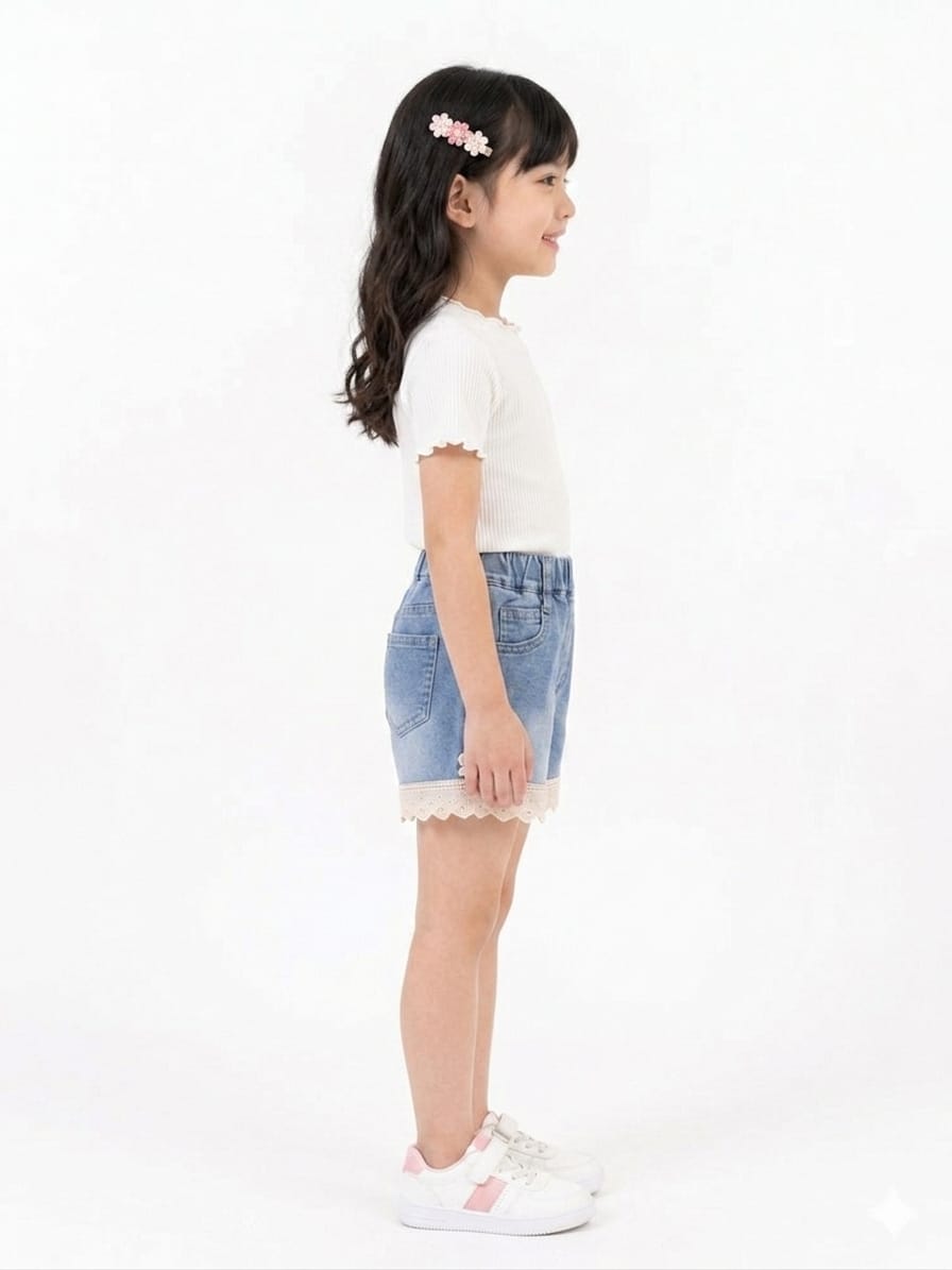 Scalloped Lace-Trim Light Wash Denim Shorts