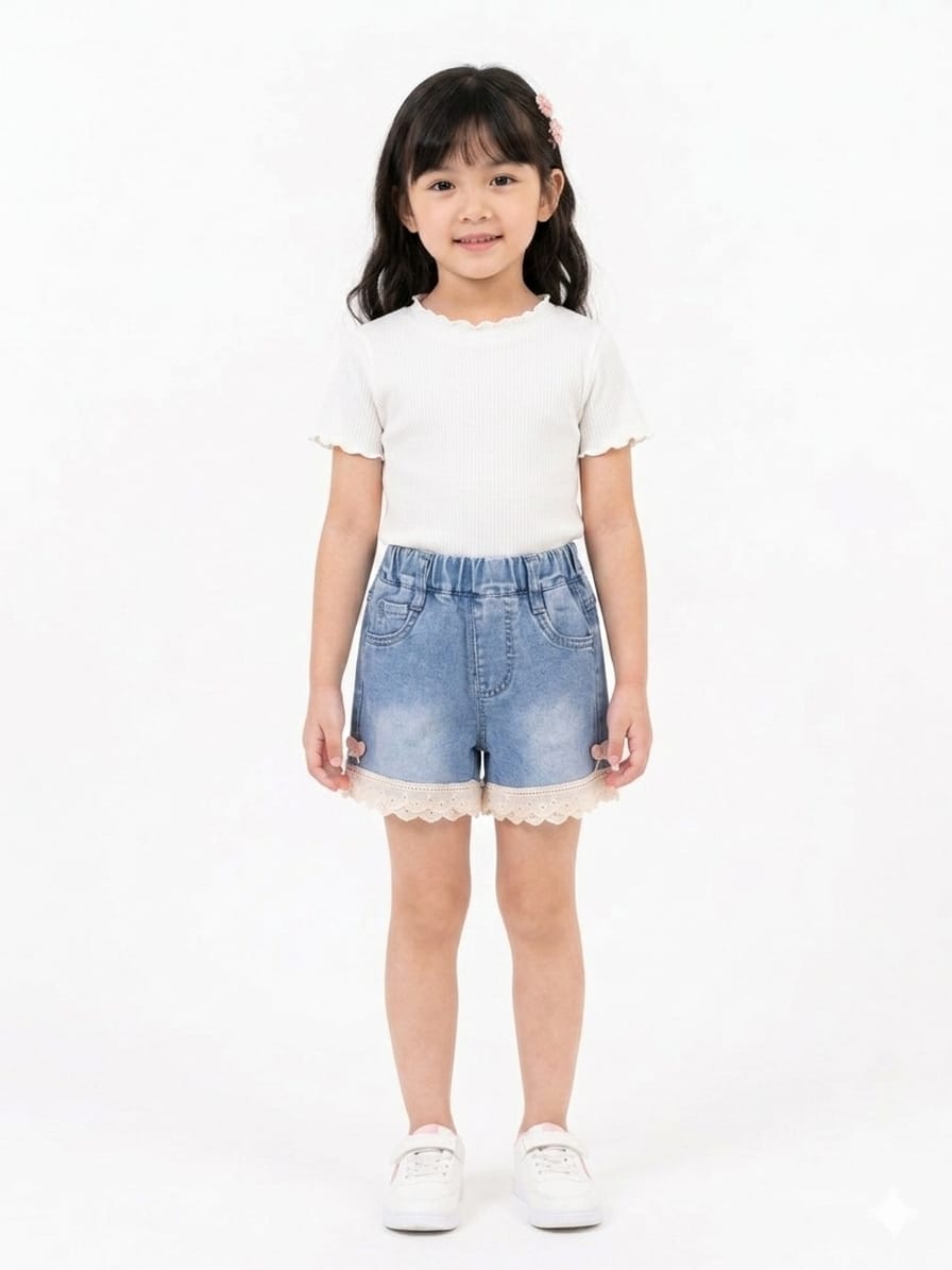 Scalloped Lace-Trim Light Wash Denim Shorts
