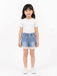Scalloped Lace-Trim Light Wash Denim Shorts