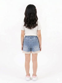 Scalloped Lace-Trim Light Wash Denim Shorts