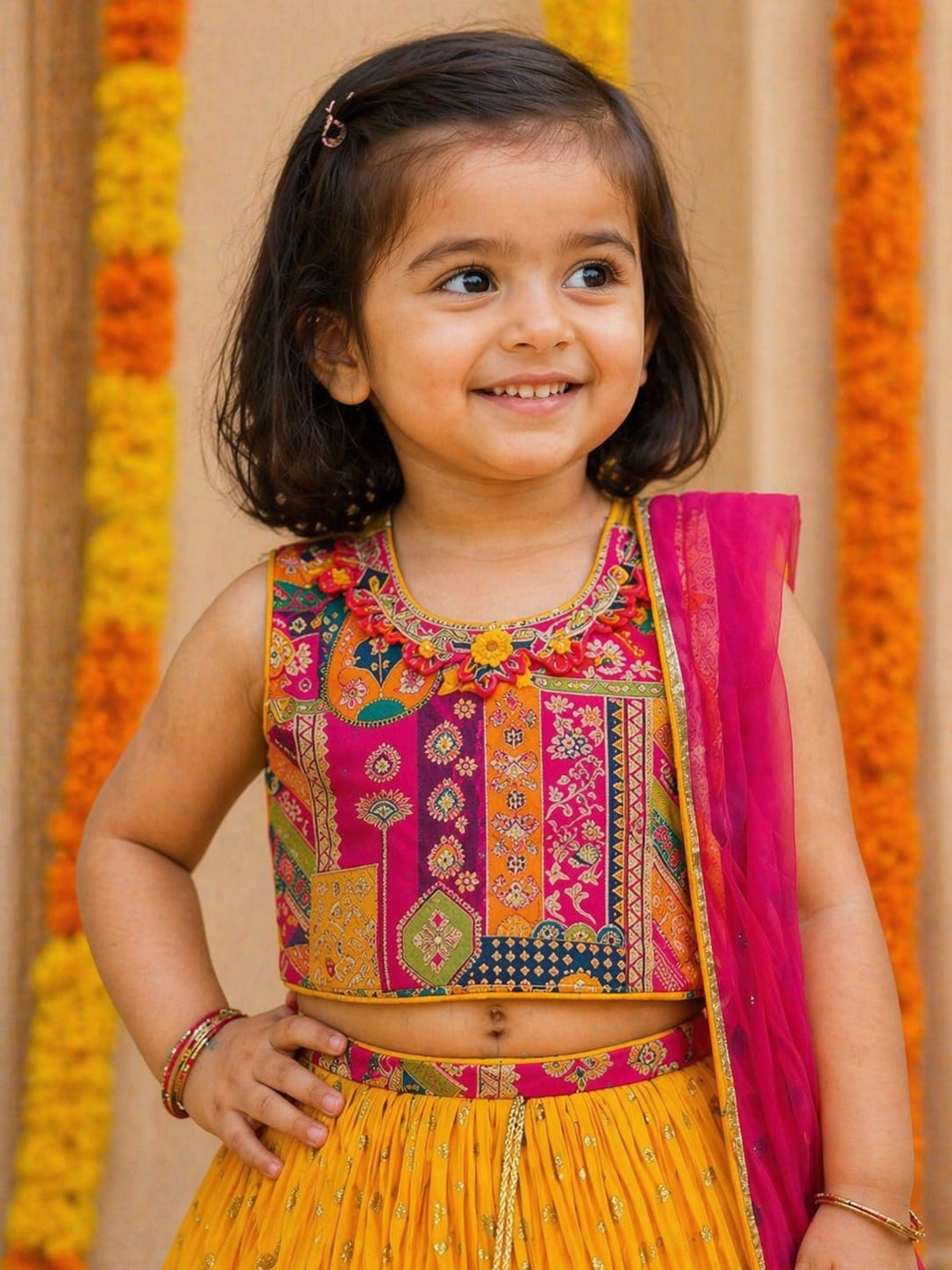 Mustard Yellow and Rani Pink Lehenga Set