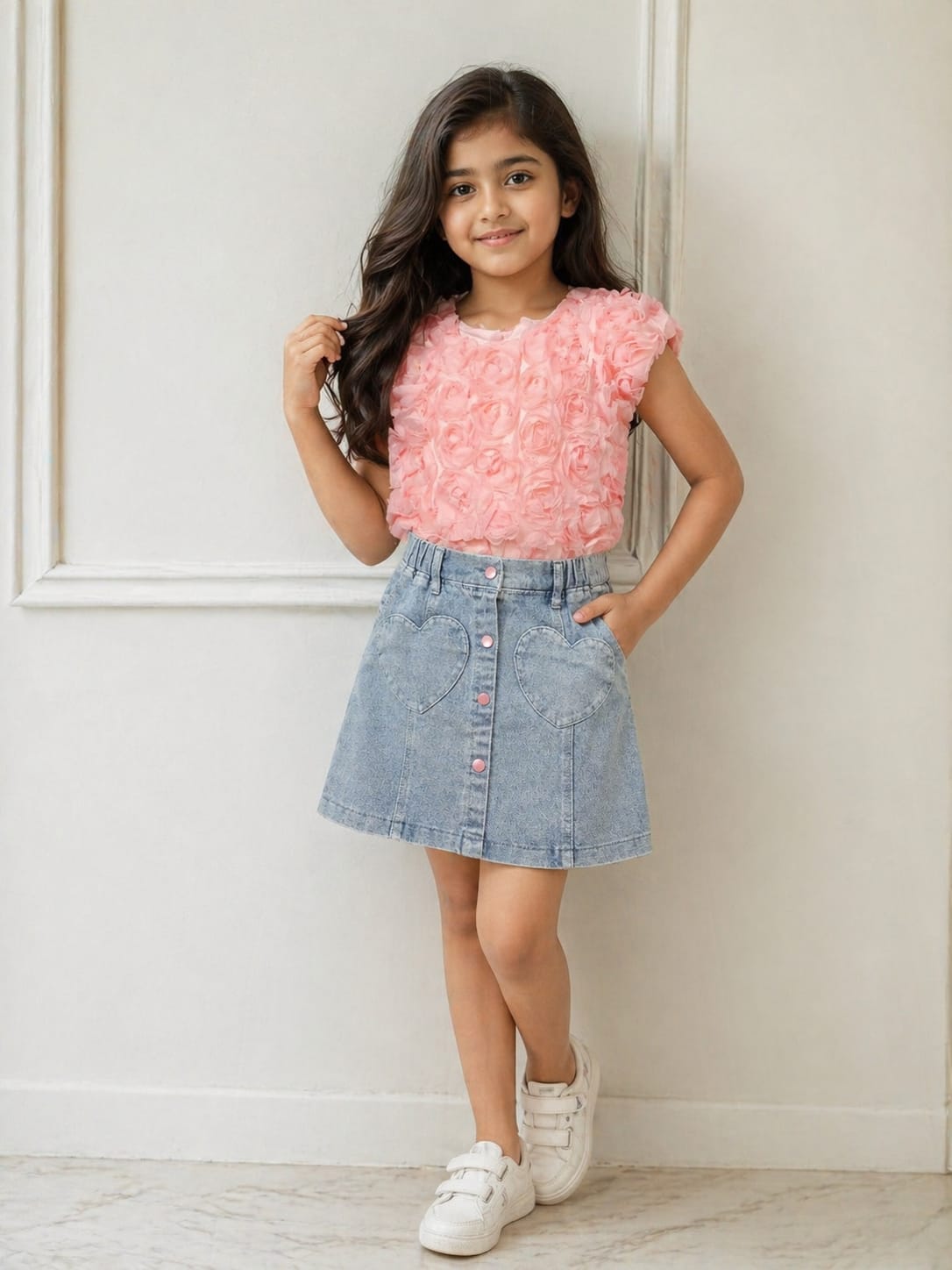 Bubblegum Pink Top with Denim Skirt